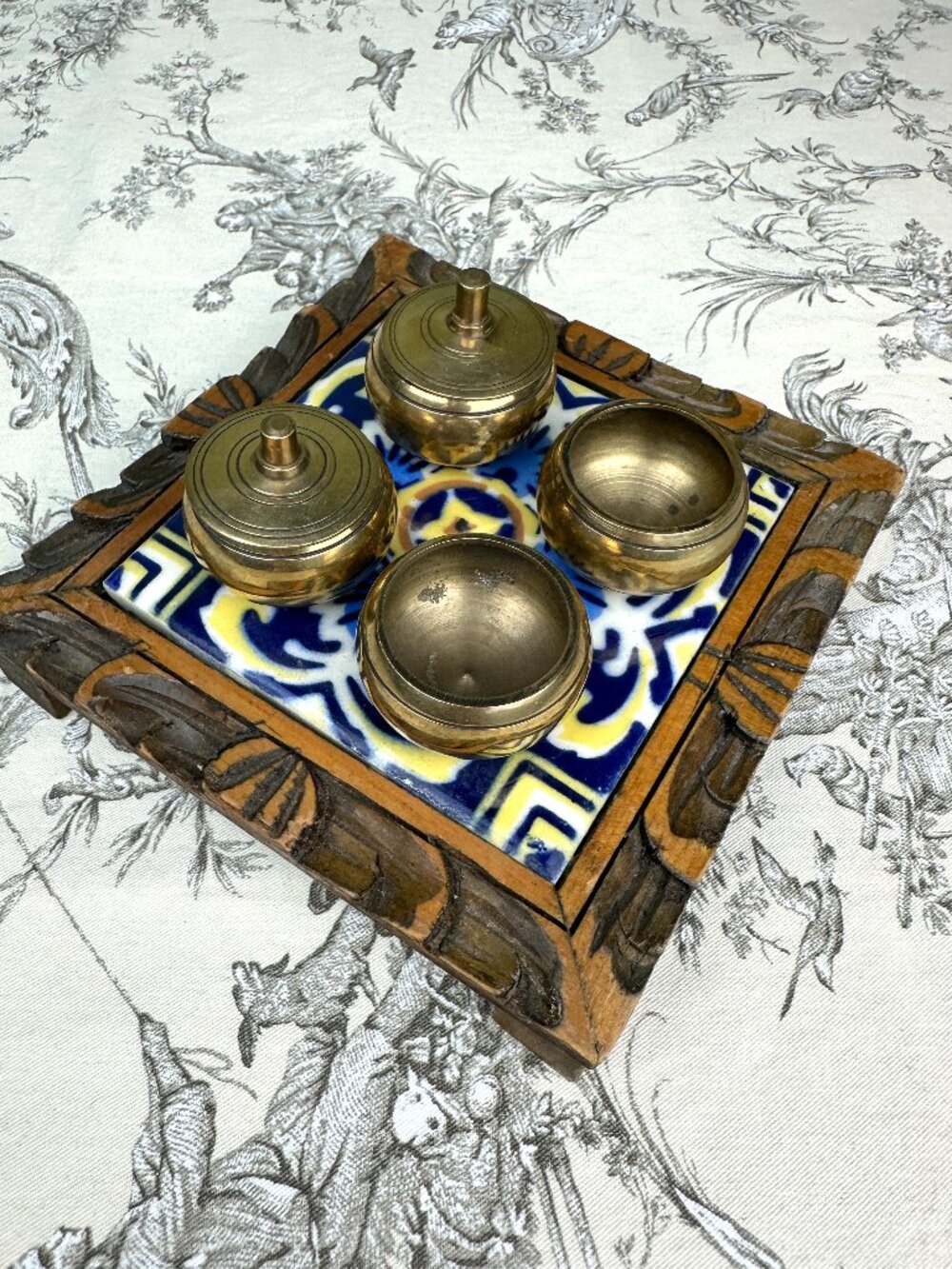 4 Vintage Mini Brass Lidded Snuff Kumkum Pill Trinket Boxes Bowls 1 3/4"